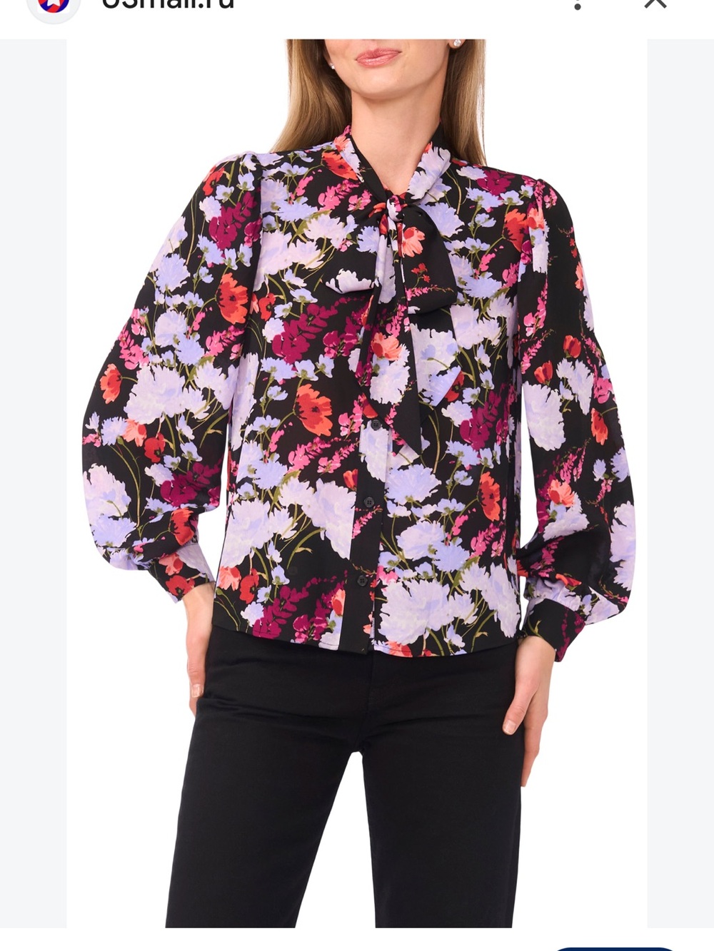 Ted Baker Black Floral Tie-Neck Blouse with Lavender and Red Blooms
